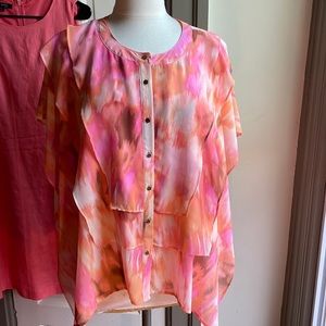 J Lo layered high low style blouse soft pastel water coloring pattern